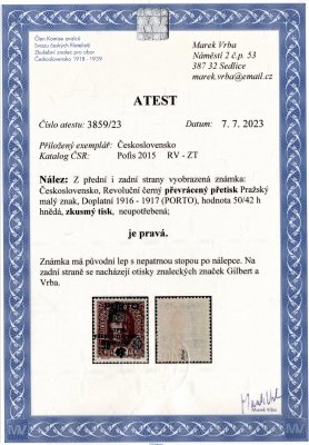 RV ZT, I. Pražský přetisk, převrácený na známce PORTO, hnědá 50/42 h, zkoušeno Gilbert, Vrba a atest Vrba, krásný kus