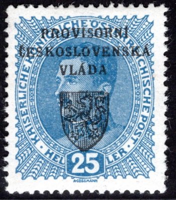 RV 8, I. Pražský přetisk, modrá 25 h, zkoušeno Vrba