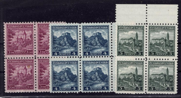 265 - 267, Hrady, Orlík drobná nečistota na lepu, 4bloky, 2 x krajový kus 