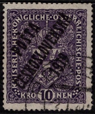 51 ay, 10 koruna tmavě fialová nejasný tisk, čisté razítko v rohu, typ II,  atest Darmietzel