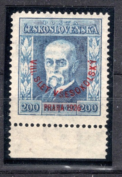 185 P7; Všesokolský slet 1926, 200 h modrá s dolním okrajem a průsvitkou 7, zk. Gilbert, Pofis