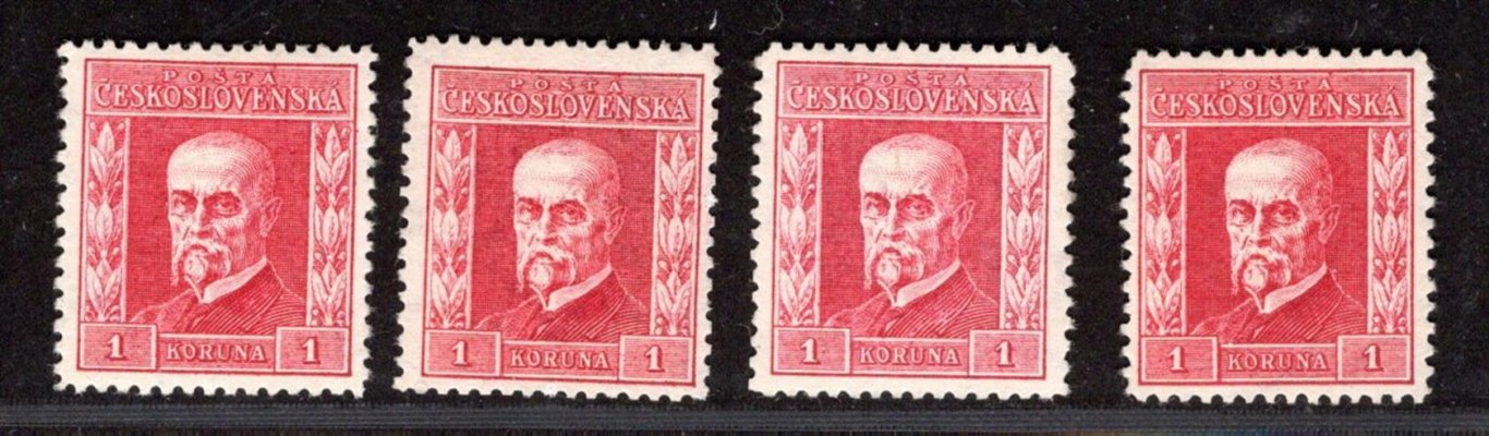 197, P 5 - 8, typ III, TGM, červená 1 Kč, kompletní sestava průsvitek, zkoušeno Gilbert