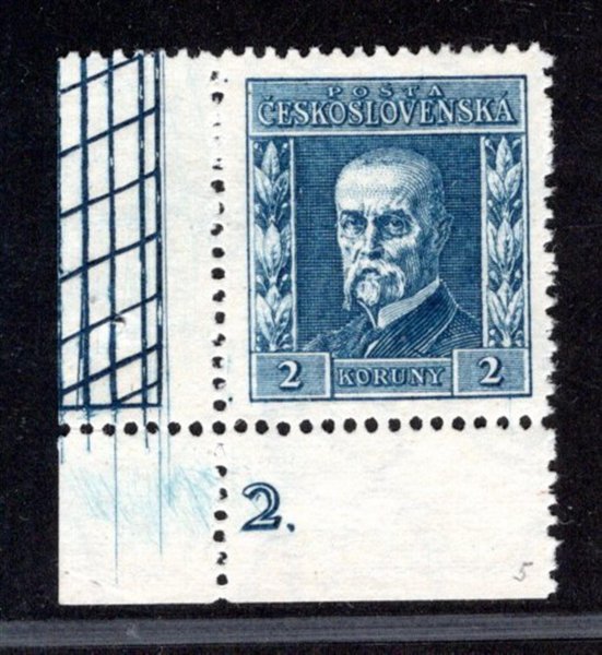 195, P 5, typ II, TGM, modrá 2 Kč, rohová s DČ 2, zkoušeno Vrba, bordura na okraji