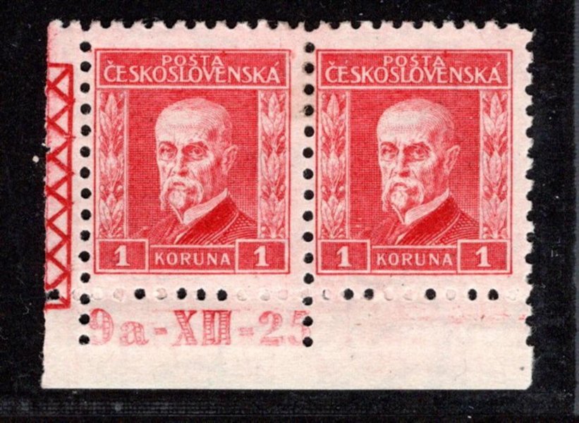 200, P 5, typ V, TGM, červená 1 Kč, rohová dvoupáska s DČ 9a-XII-25