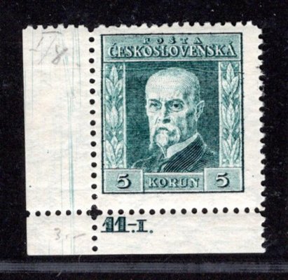 193, P 8, typ I, TGM, zelená 5 Kč, rohová  s DČ 11.-I., zkoušeno Vrba, vodorovná vrása