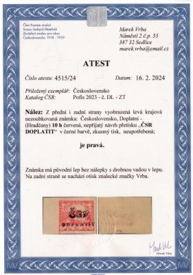 ZT, doplatní, nepřijatý návrh přetisku "ČSR DOPLATIT", na krajové známce červená 10 h, zkoušeno a atest Vrba, hledané