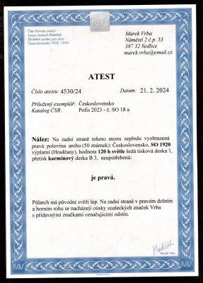 SO 18a, světle šedá! 120 h, pravá polovina tiskového archu s počítadly, tisková deska 1, přetisk karmínový, přetisková deska B 3, zkoušeno a atest Vrba, velmi vzácné , v této podobě možná unikátní! 