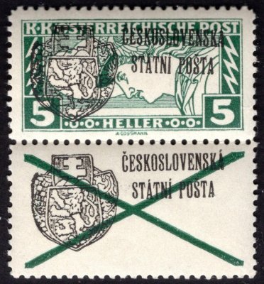 RV 42 K, II. Pražský přetisk, řz 12 1/2, obdélník s přetištěným kupónem, zelená 5 h, zkoušeno Vrba, vzácné