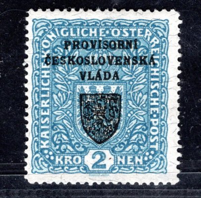 RV 16a, I. Pražský přetisk, papír žilkovaný, znak, modrá 2 K, zkoušeno Gilbert, Vrba