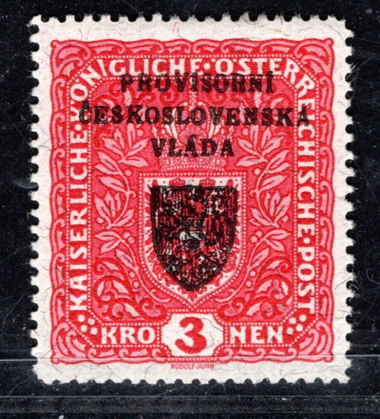 RV 17 a, I. Pražský přetisk, papír žilkovaný, znak, červená 3 K, zkoušeno  Vrba