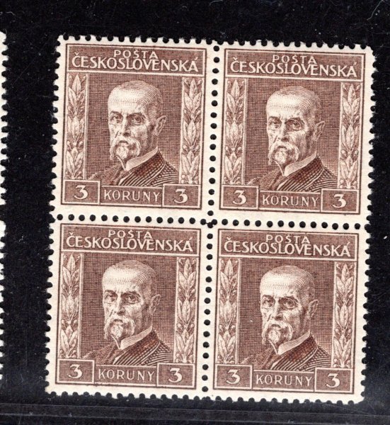 198 P 6, typ III, TGM, 4blok, hnědá 3 Kč, zkoušeno Vrba