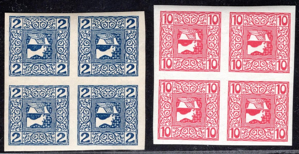 Rakousko - Mi. 157, 159, Merkur, 4bloky, modrý a červený