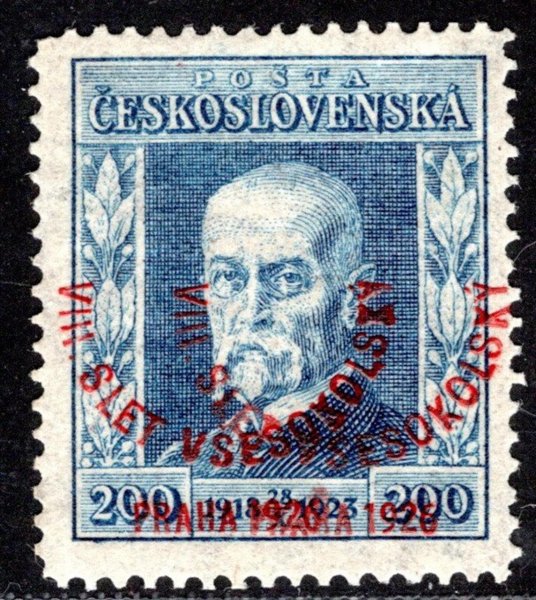 185, P 6, Všesokolský slet, známka s dvojitým přítiskem,  modrá 200 h, zkoušeno Gilbert, hezké