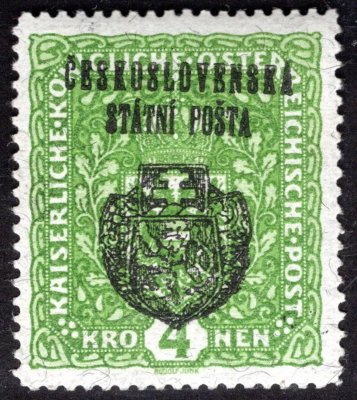 RV 39a, II. Pražský přetisk, papír žilkovaný , formát široký!  znak, zelená 4 K, zkoušeno Gilbert, Mrňák Vrba