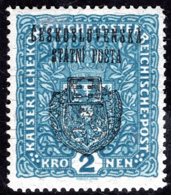 RV 37a, II. Pražský přetisk, papír žilkovaný, formát široký!, znak, modrá 2 K, zkoušeno Gilbert, Mrňák Vrba