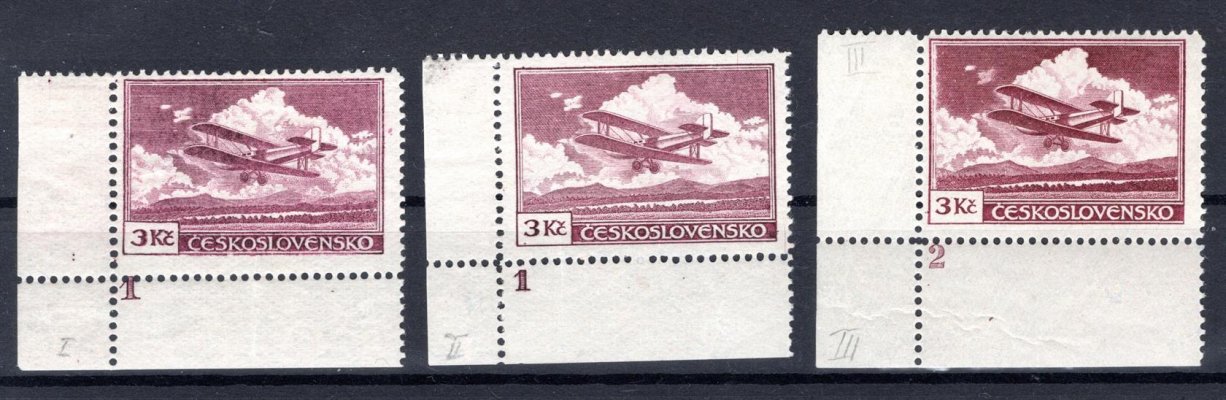 L 10, typ I - III, letecké, rohové s DČ 1 a 2  fialová 3 Kč ( 1 x nálepka  mimo známku)