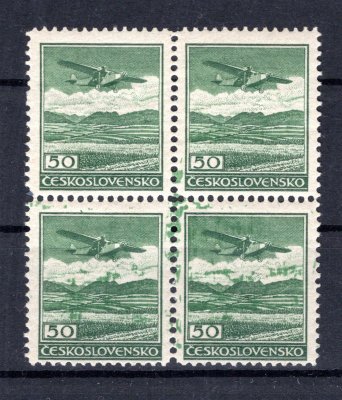 L 7 II, 4blok - 50 halířů s rozmazanou tiskovou barvou u tří známek