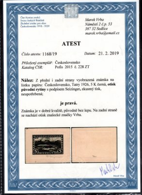 228 ZT, 5 Koruna černá, otisk původní rytiny s podpisem rytce. velmi vzácný výskyt rytin u emise Tatry, hledané! Atest Vrba