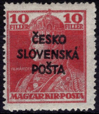 RV 146, Šrobárův přetisk, červená 10 f, II. náklad, zkoušeno Tribuna, Mrňák