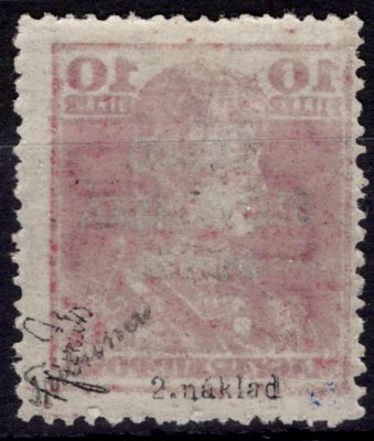 RV 146, Šrobárův přetisk, červená 10 f, II. náklad, zkoušeno Tribuna, Mrňák