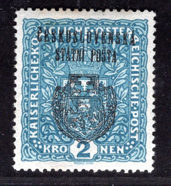 RV 37, II. Pražský přetisk, formát široký, znak, modrá 2 K, zkoušeno Vrba