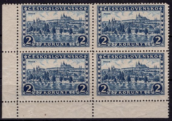 225x, P 6, Praha,Tatry, papír pergamenový, levý dolní rohový 4blok bez DČ, modrá 2 Kč, zkoušeno Gilbert