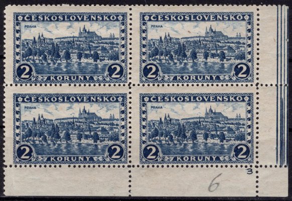 225x , P 6, pergamenový papír, vynechané perforační otvory, Praha,Tatry, rohový 4 blok s DČ 3, modrá 2 Kč, bordura na okraji