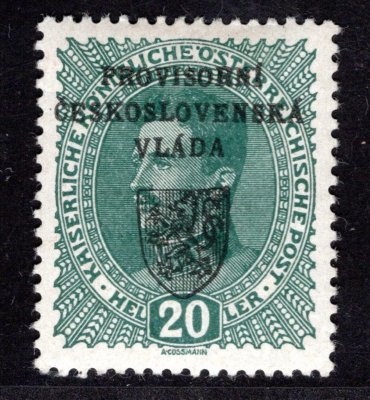 RV 7,  I: Pražský přetisk, I. vydání, Karel, modrozelená 20 h, zk. Vrba