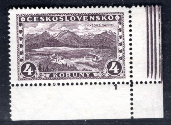 227, P 7, Praha, Tatry, rohová s DČ 1, fialová 4 Kč, okraj s bordurou