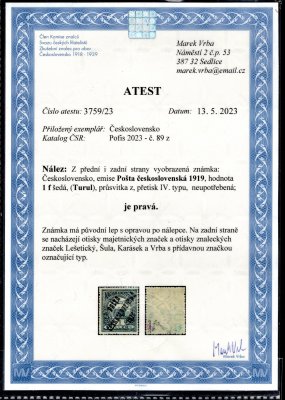 89, typ IV, TURUL, šedá 1 f, zkoušena Lešetický, Šula, Karásek, Vrba a atest Vrba, známka s původním lepem a drobnou stopou po nálepce, vzácná a hledaná 