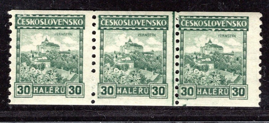 210 A, P 7, svitkové, Pernštejn, třípáska s DČ 1 (menší než 1 mm), zelená 30 h, s dělící linkou