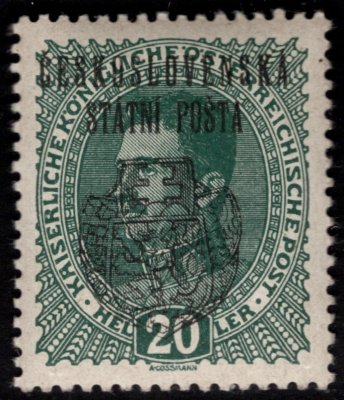 RV 28, II. Pražský přetisk, vydání pro Národní výbor (I.vydání) typ II, modrozelená 20 h, zkoušeno  Vrba