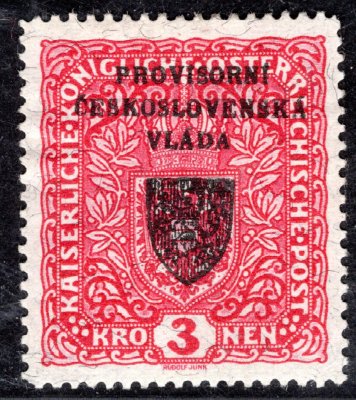 RV 17a, I. Pražský přetisk, papír žilkovaný, znak, světle červená 3 K, zkoušeno Ondráček