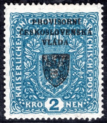 RV 16a, I. Pražský přetisk, papír žilkovaný, znak, světle modrá 2 K, zkoušeno Lešetický, Ondráček
