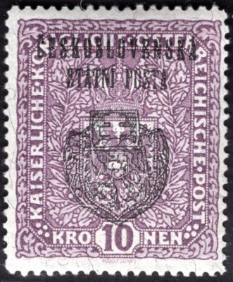 RV 40a, II. Pražský přetisk, papír žilkovaný, znak, fialová 10 K, zkoušeno Vrba - nádherný hledaný kus