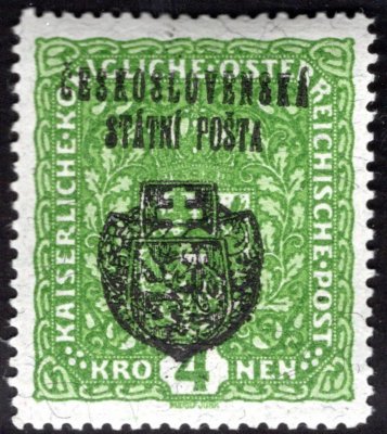 RV 39a, II. Pražský přetisk, papír žilkovaný,dvl,  znak, zelená 4 K, zkoušeno Vrba