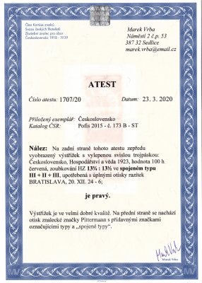 173 B ST, 100 h červená HZ 13 3/4 : 13 1/2 ve spojeném typu III + II + III s úplnými obtisky razítek, naprosto mimořádná kvalita! Atest Vrba 