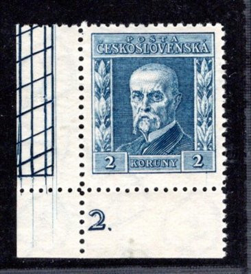 195, P 8, typ II, TGM, modrá 2 Kč, rohová s DČ 2, zkoušeno Vrba, bordura na okraji