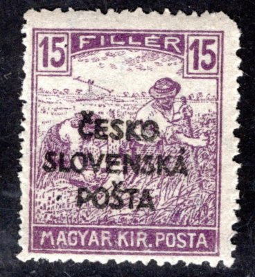 RV 142, Šrobárův  přetisk, ženci, fialová 15 f, zkoušeno  Vrba. kzy