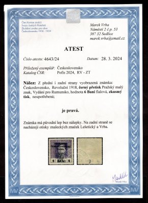 RV ZT, I. pražský přetisk v barvě černé na známce 6 Bani fialová, vydání pro Rumunsko, zkoušeno Lešetický, Vrba a atest Vrba