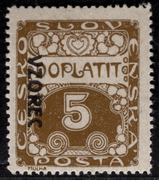 DL 1 VZ, doplatní, přetisk VZOREC, vlevo dolů, řz 13 3/4, hnědoolivová 5 h, zkoušeno Stupka