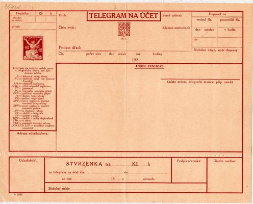 CTÚ 3, Telegram na účet, Osvobozená republika, text český, v půli přeložený se stvrzenkou, 
kat. cena 14 000 Kč, hledané