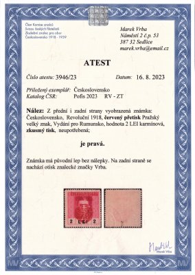 RV ZT, II. Pražský přetisk, červený na známce Feldpost, vydání pro Rumunsko, karmínová 2Lei, zkoušena a atest Vrba, hledané