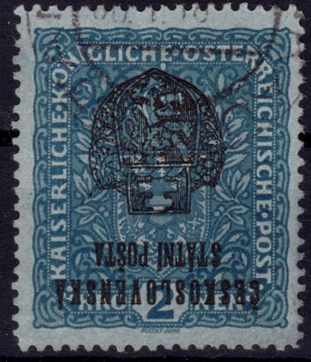 RV 37 PP. II. Pražský přetisk, převrácený, znak, formát úzký, modrá 2 K, zkoušeno Gilbert, Vrba, vzácné, poprvé v aukci