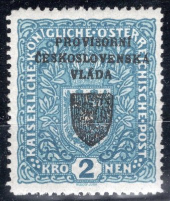 RV 16, I. Pražský přetisk, znak, formát úzký, modrá 2 K, zkoušeno Mrňák