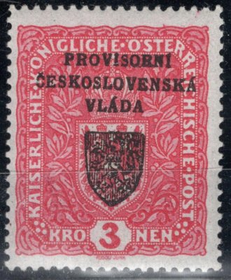 RV 17, I. Pražský přetisk, znak, formát úzký, červená 3 K, zkoušeno Gilbert