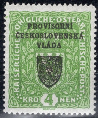 RV 18, I. Pražský přetisk, znak, formát úzký, zelená 4 K, zkoušeno Gilbert
