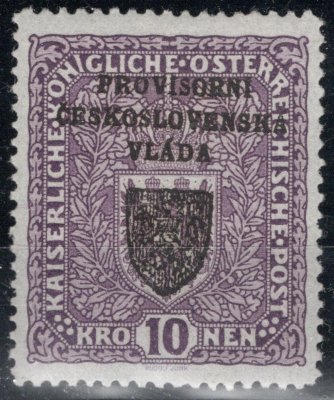 RV 19, I. Pražský přetisk, znak, formát úzký, fialová 10 K, zkoušeno Gilbert