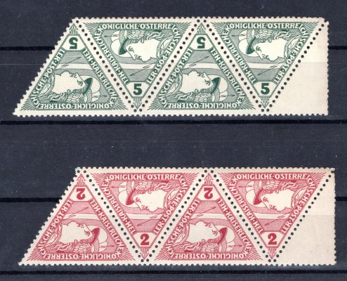 Rakousko - Mi. 217 - 18 K, trojúhelník, 4 pásky s 1/2 krajovým kupónem, 2 + 5 h