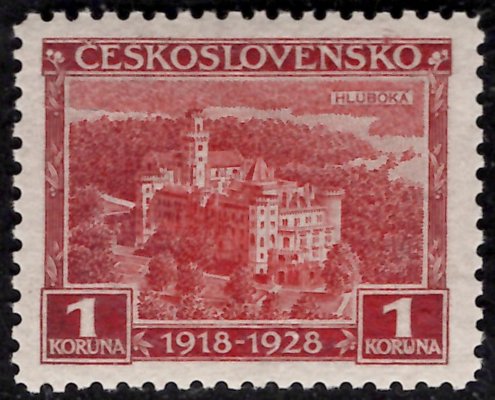 237 B, výročí vzniku ČSR, řz 12 1/4, červená 1 Kč, zkoušeno Karásek, Vrba, desková vada, nejvzácnější známka z této řady, poprvé v aukci